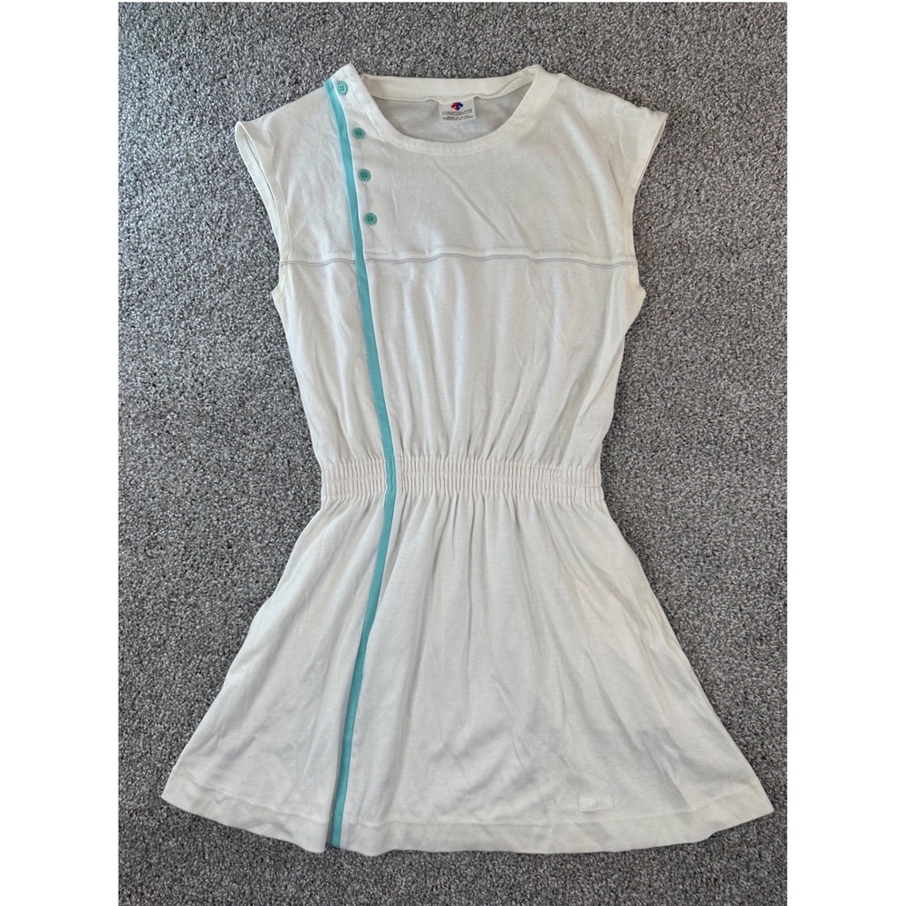 Descente Vintage Tennis Dress Sz M White Teal Stripe Button Detail Made in Japan